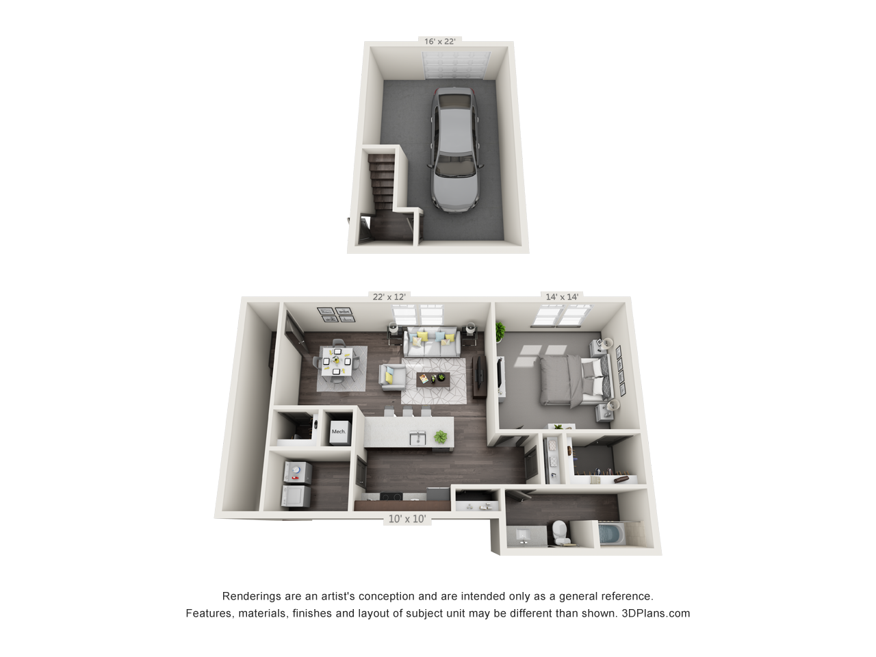 Floor plan for 1 bed, 1 bath, 909 sqft